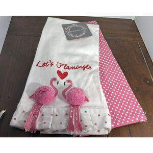 Set Of 2 Kitchen Towels Valentines Lets Flamingo‎ Pink Pom Pom Heart NWT